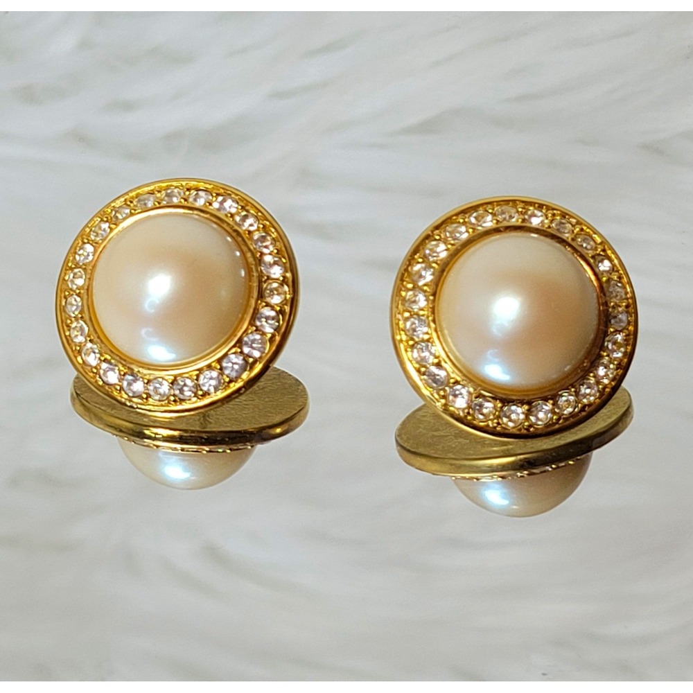 Women's Gold Tone Simulated Cream Faux Pearl Rhinestone Halo Stud Earrings- Read